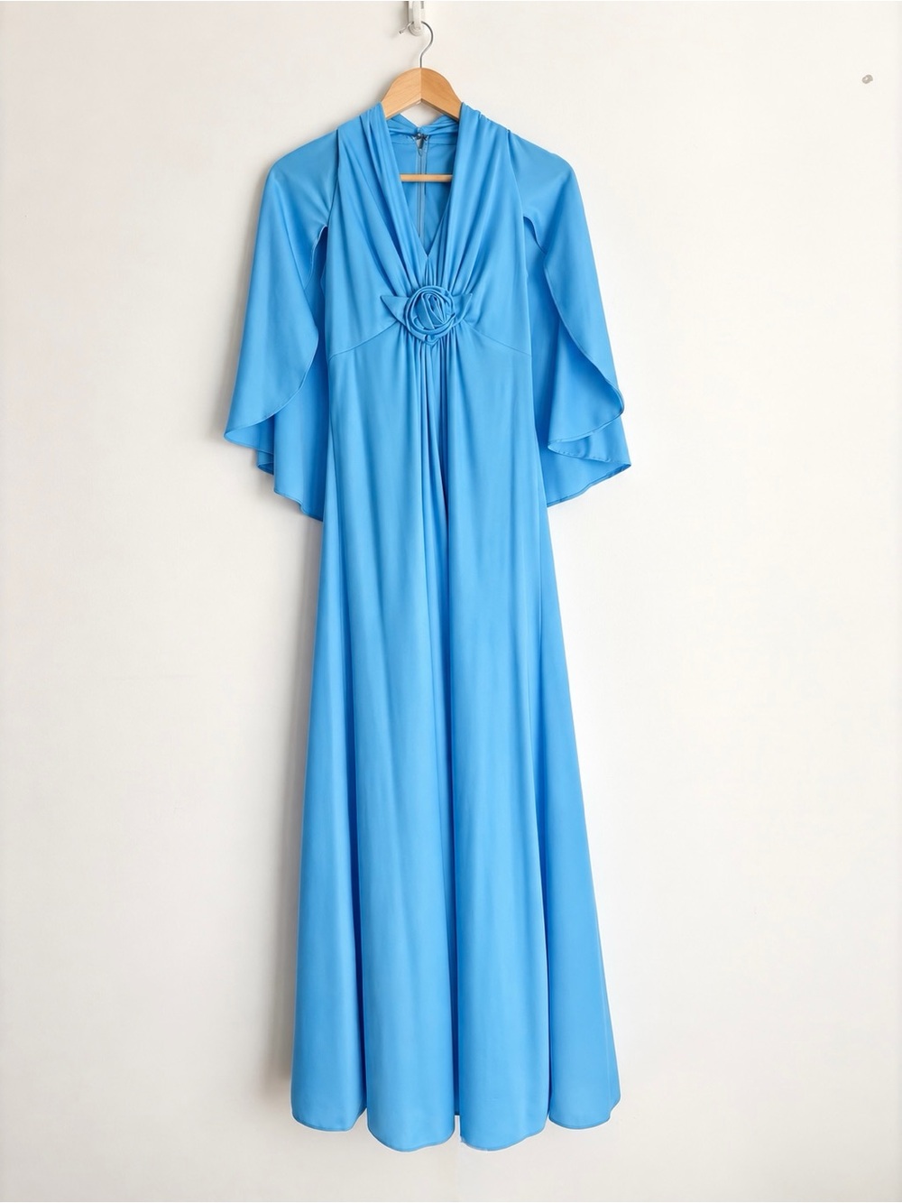 Vintage 70s House of Nu-Mode Blue Cape Sleeve Maxi Dress Disco Hollywood Glam